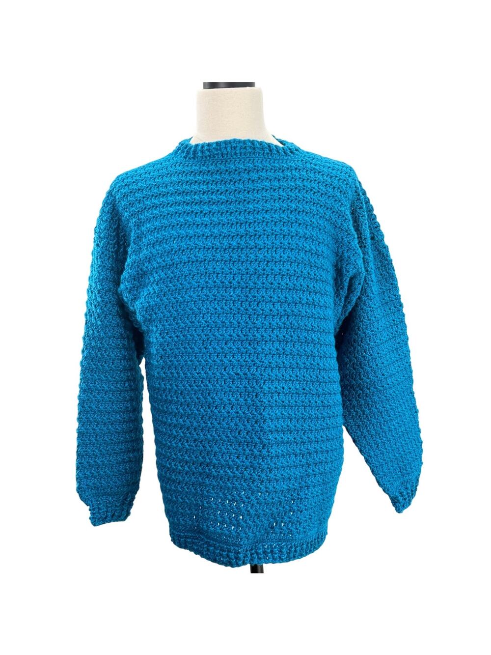 Vintage 90s Turquoise Acrylic Knit Sweater Women's Medium Boxy Ribbed Pullover